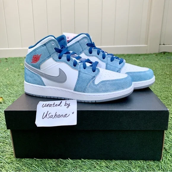 Nike Air Jordan 1 Mid GS white blue grey shoes - Picture 5 of 5